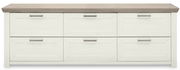 Frontale Ansicht eines weißen Sideboards mit sechs Schubladen und einer Holzplatte.