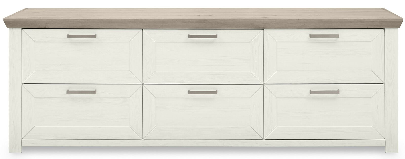 Frontale Ansicht eines weißen Sideboards mit sechs Schubladen und einer Holzplatte.