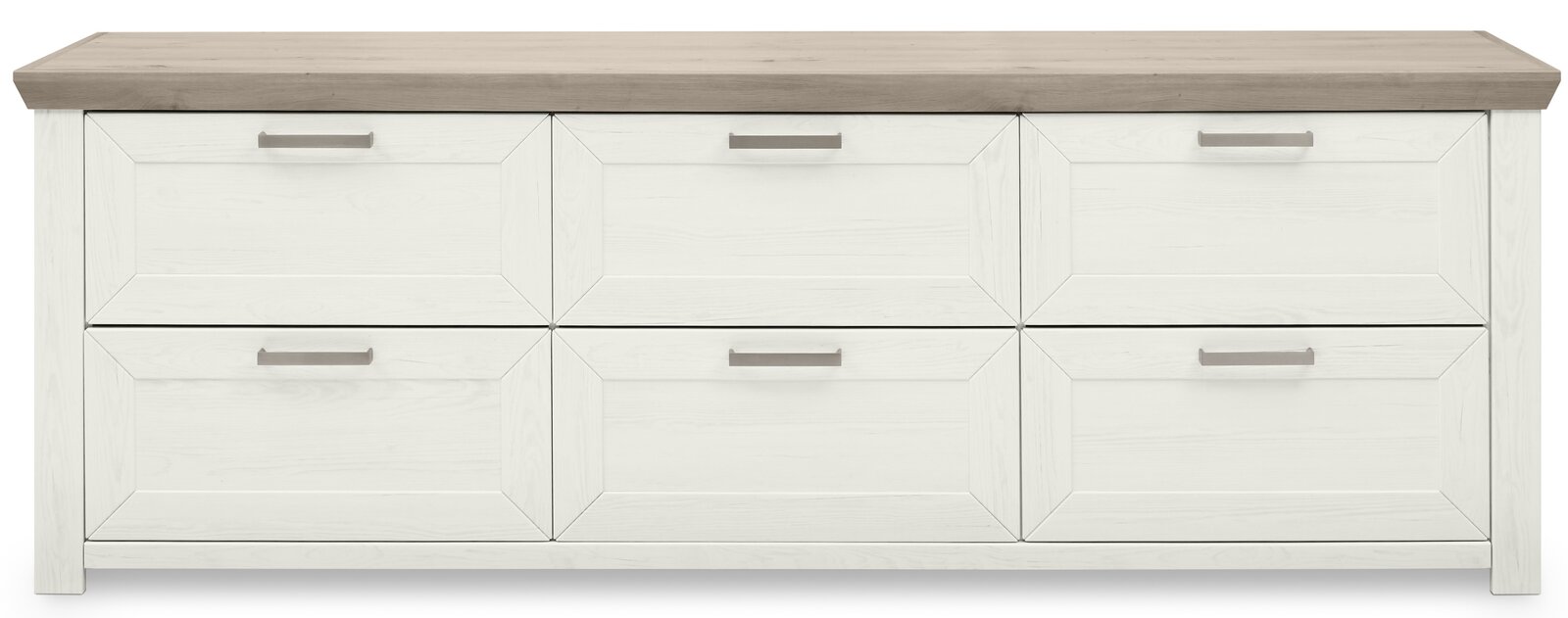 Frontale Ansicht eines weißen Sideboards mit sechs Schubladen und einer Holzplatte.