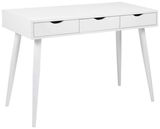 Weißer Schreibtisch mit drei Schubladen, schräg von vorne betrachtet