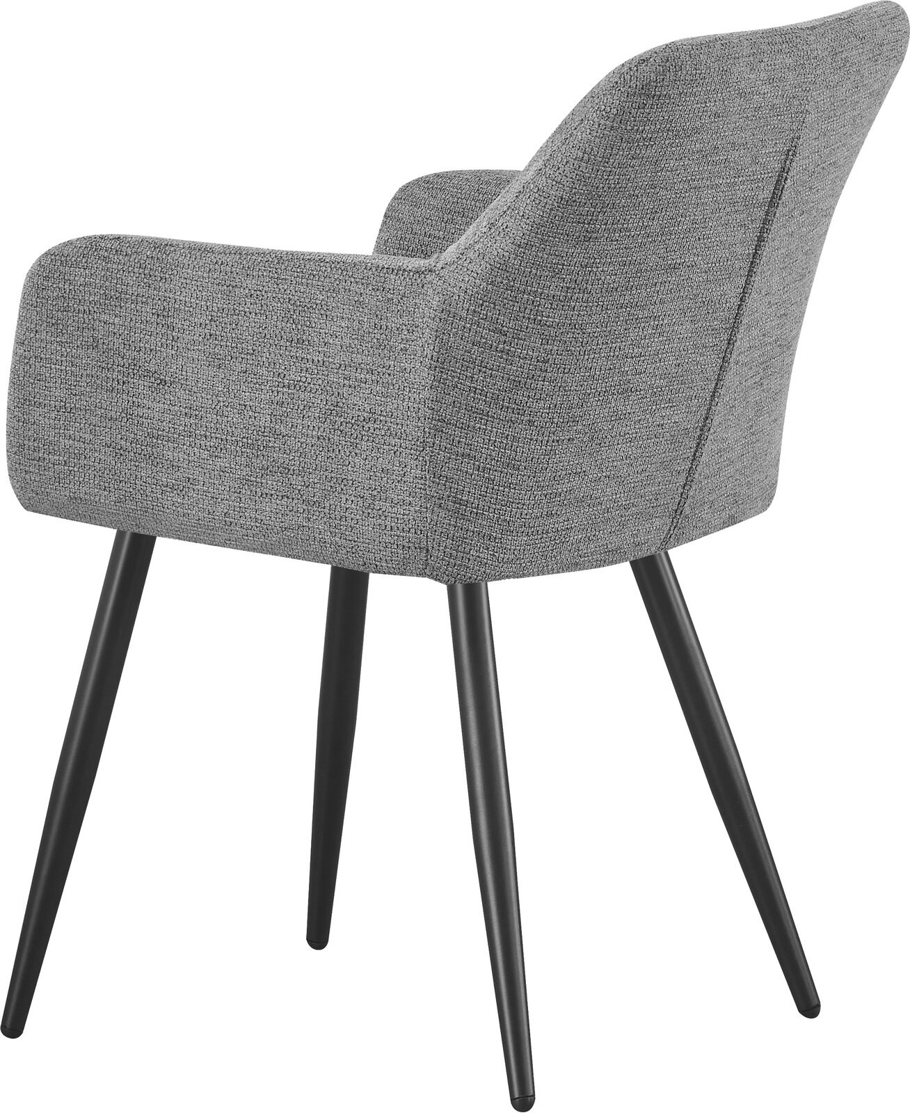 Gepolsterter Esszimmerstuhl mit Armlehnen in grauem Strukturstoff und schwarzen Metallbeinen, Ansicht schräg von hinten/seitlich