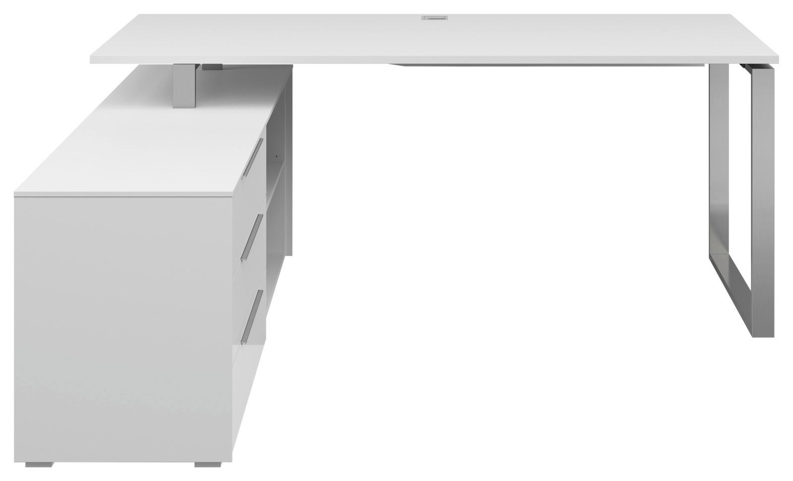 Moderner weißer Eckschreibtisch mit Metallbeinen und integriertem Schubladenschrank, seitliche Perspektive
