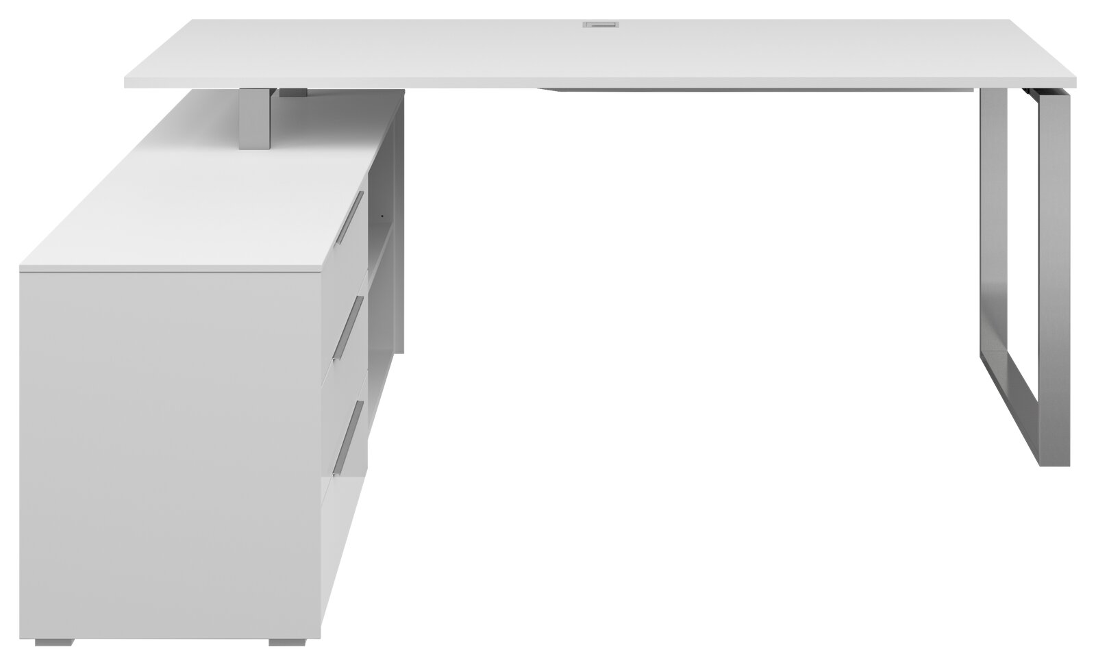 Moderner weißer Eckschreibtisch mit Metallbeinen und integriertem Schubladenschrank, seitliche Perspektive