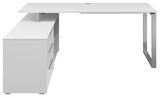 Moderner weißer Eckschreibtisch mit Metallbeinen und integriertem Schubladenschrank, seitliche Perspektive