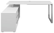 Moderner weißer Eckschreibtisch mit Metallbeinen und integriertem Schubladenschrank, seitliche Perspektive