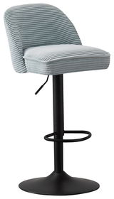 Moderner Barhocker mit hellblauem, geripptem Stoffbezug und schwarzem Metallgestell, seitliche Perspektive