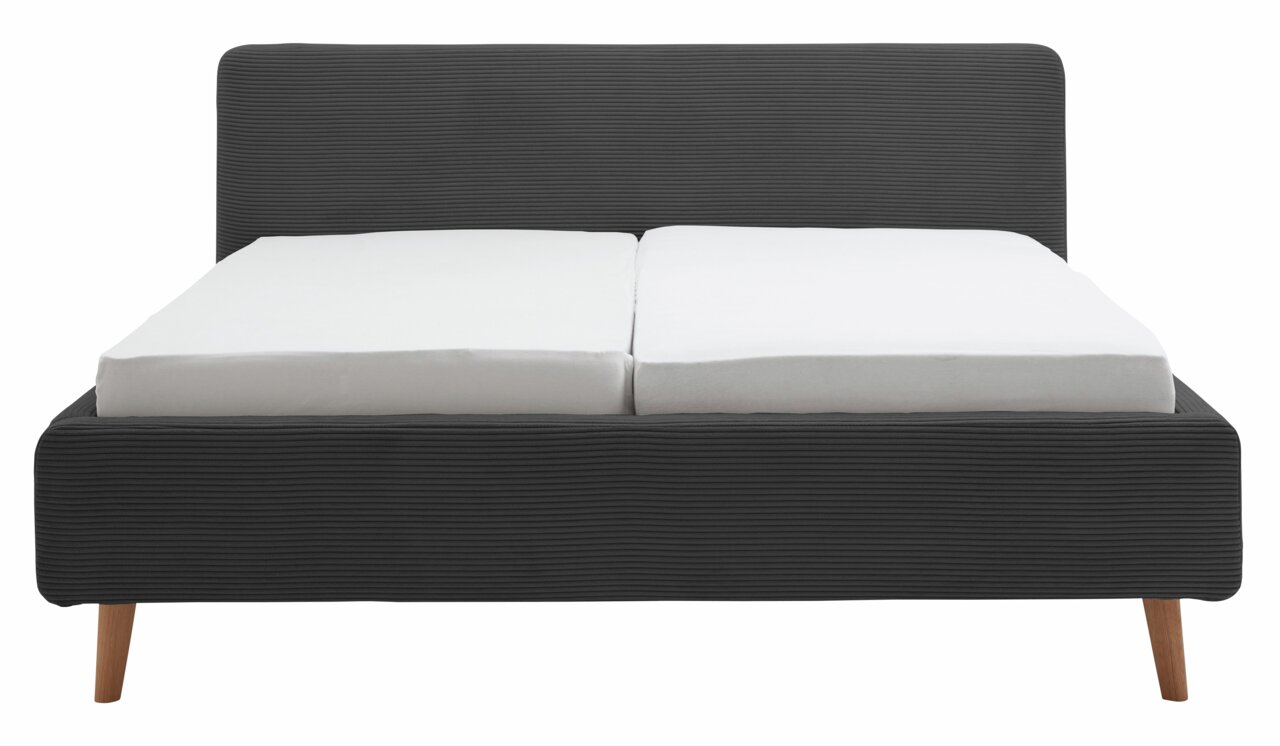 Frontale Ansicht eines modernen Polsterbettgestells mit dunkelgrauem Stoffbezug und Holzbeinen.