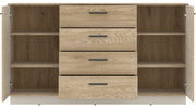 Frontale Ansicht eines Sideboards mit zwei offenen Türen und drei Schubladen in Holzoptik.