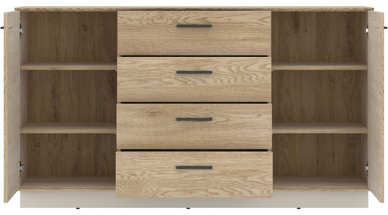 Frontale Ansicht eines Sideboards mit zwei offenen Türen und drei Schubladen in Holzoptik.