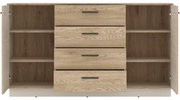 Frontale Ansicht eines Sideboards mit zwei offenen Türen und drei Schubladen in Holzoptik.