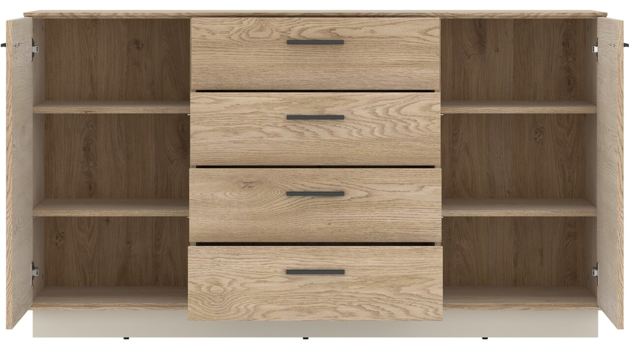 Frontale Ansicht eines Sideboards mit zwei offenen Türen und drei Schubladen in Holzoptik.