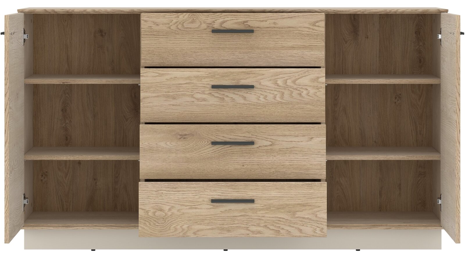 Frontale Ansicht eines Sideboards mit zwei offenen Türen und drei Schubladen in Holzoptik.