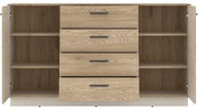 Frontale Ansicht eines Sideboards mit zwei offenen Türen und drei Schubladen in Holzoptik.