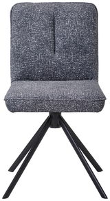 Vorderansicht eines modernen Stuhls mit blauem Stoffbezug und schwarzen Metallbeinen.