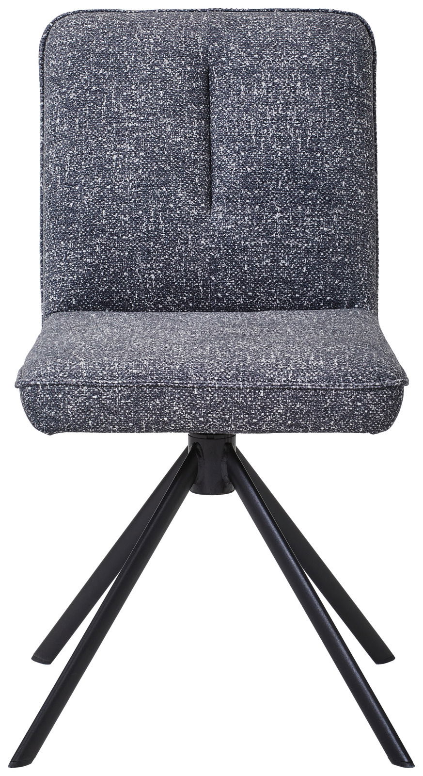 Vorderansicht eines modernen Stuhls mit blauem Stoffbezug und schwarzen Metallbeinen.