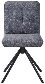 Vorderansicht eines modernen Stuhls mit blauem Stoffbezug und schwarzen Metallbeinen.