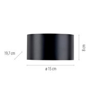 Zwarte, cilindervormige wandlamp PURE CLIPSE van Paul Neuhaus, hier afgebeeld in vooraanzicht, met afmetingen van 19,7 cm breed, 8 cm hoog en 15 cm diameter.