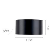 Schwarze, zylindrische Wandleuchte PURE CLIPSE von Paul Neuhaus, frontal abgebildet mit den Maßen 19,7 cm Breite, 8 cm Höhe und 15 cm Durchmesser.