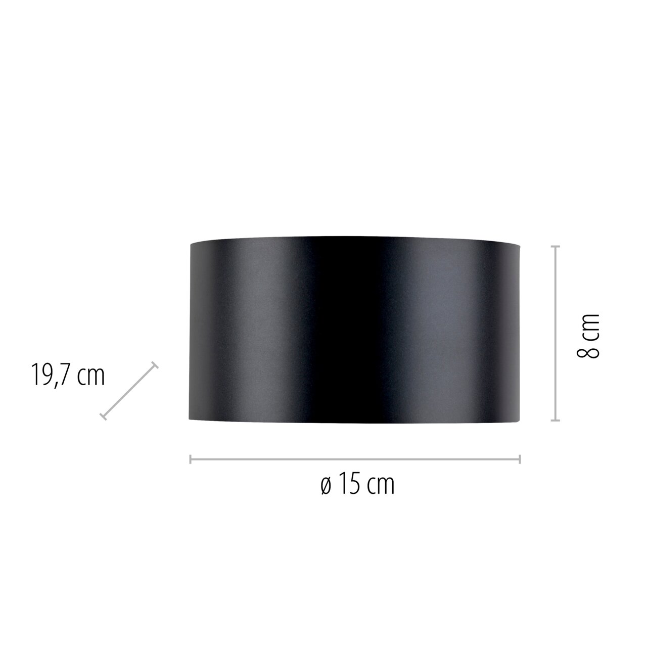Schwarze, zylindrische Wandleuchte PURE CLIPSE von Paul Neuhaus, frontal abgebildet mit den Maßen 19,7 cm Breite, 8 cm Höhe und 15 cm Durchmesser.