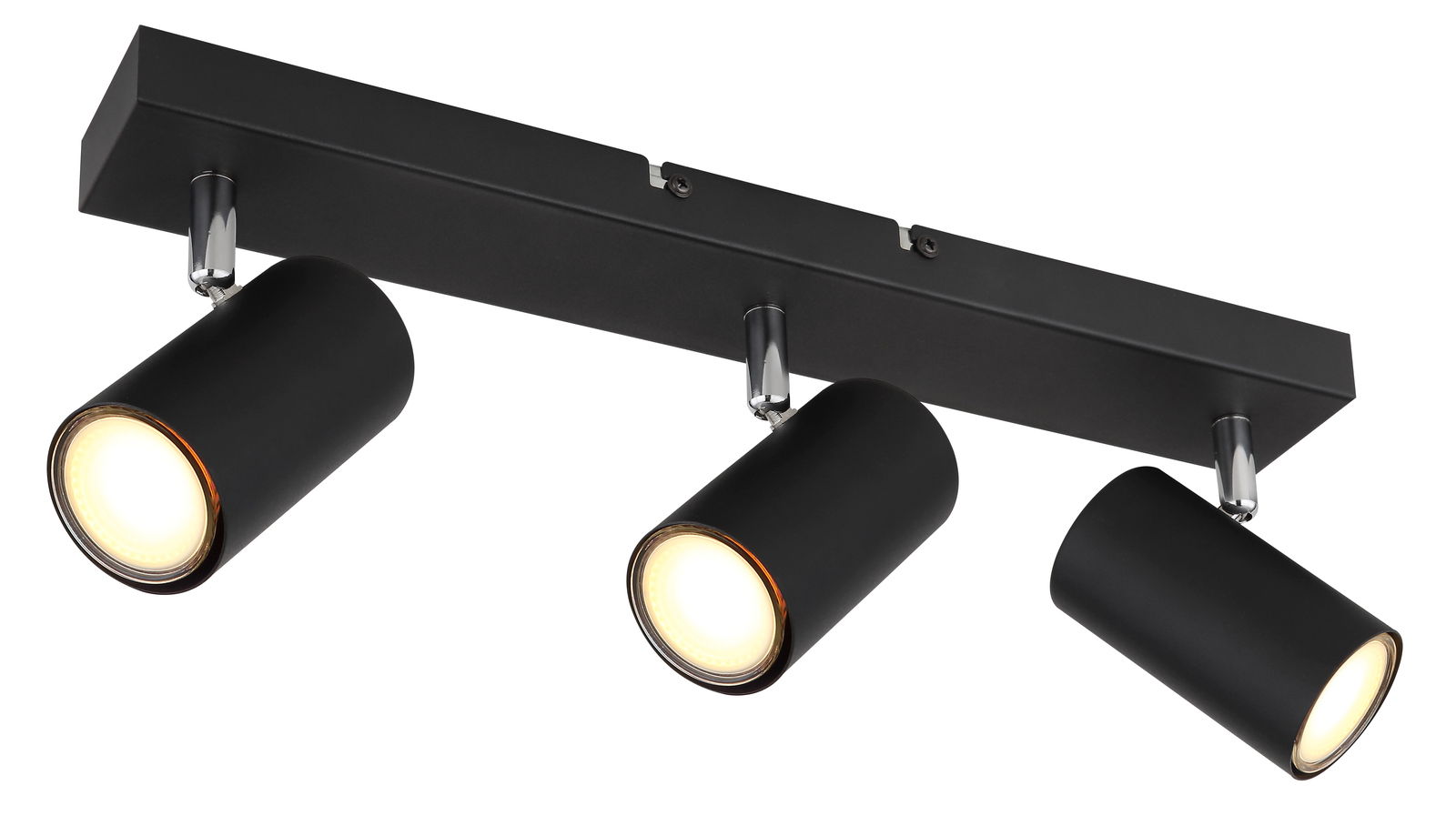 Dreifacher schwarzer Strahler mit zylindrischen Leuchten, seitliche Perspektive