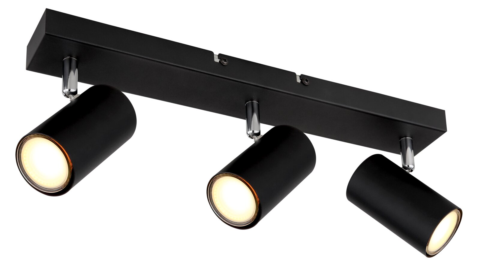 Drievoudige zwarte schijnwerper met cilindrische lampen, zijaanzicht