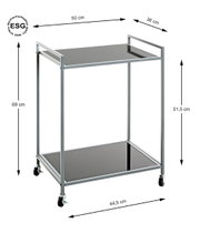 Servierwagen aus Metall mit zwei getönten Glasablagen und vier Rollen, Maße ca. 50 x 36 x 69 cm, in schräger Frontansicht mit eingezeichneten Maßangaben (ESG-Sicherheitsglas).