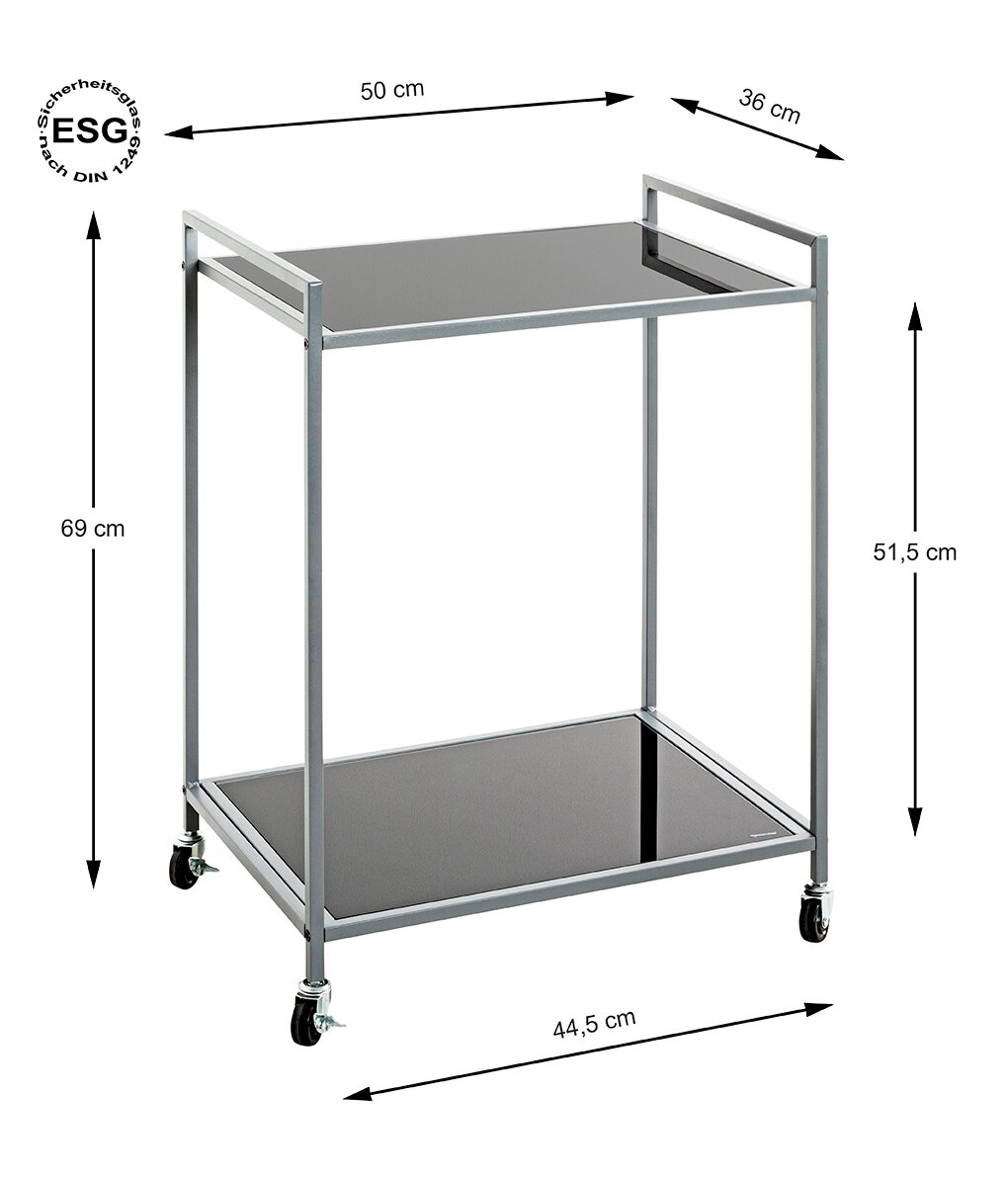 Servierwagen aus Metall mit zwei getönten Glasablagen und vier Rollen, Maße ca. 50 x 36 x 69 cm, in schräger Frontansicht mit eingezeichneten Maßangaben (ESG-Sicherheitsglas).