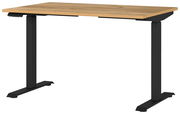 Elektrisch höhenverstellbarer Schreibtisch mit Holzplatte und schwarzen Metallbeinen, seitliche Perspektive