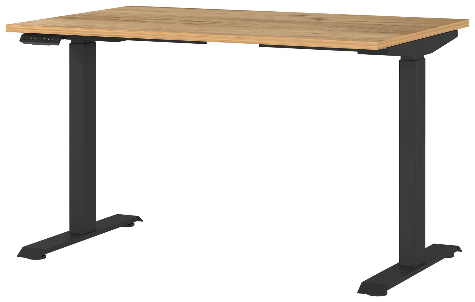 Elektrisch höhenverstellbarer Schreibtisch mit Holzplatte und schwarzen Metallbeinen, seitliche Perspektive