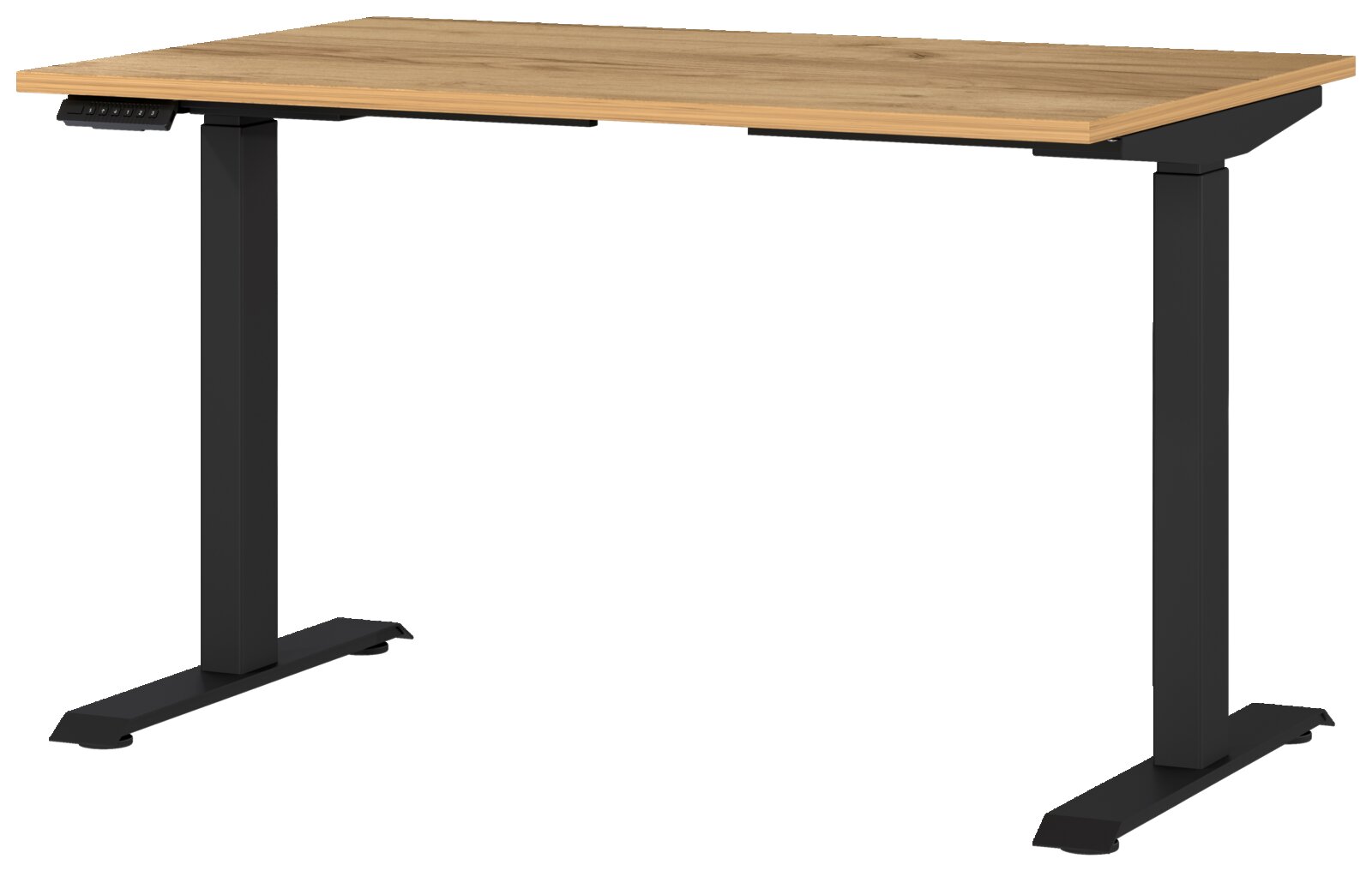 E-Serie E-bureau E-SYSTEM Elektrisch in hoogte verstelbaar bureau met houten blad en zwarte metalen poten, zijaanzicht
