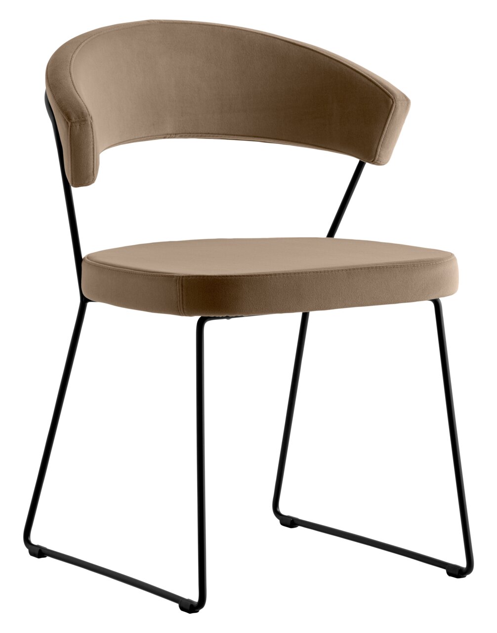 Moderner Stuhl mit braunem Polster und schwarzem Metallgestell, seitliche Perspektive