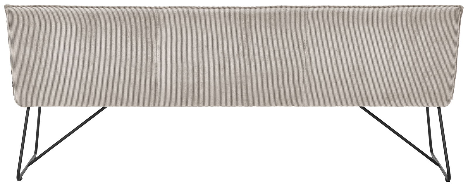 Rückansicht einer modernen Sitzbank mit grauem Stoffbezug und schwarzen Metallbeinen.