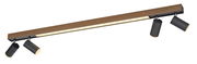 Moderne Deckenleuchte PURE-LINES mit Holzoptik und vier verstellbaren schwarzen Strahlern, seitliche Perspektive