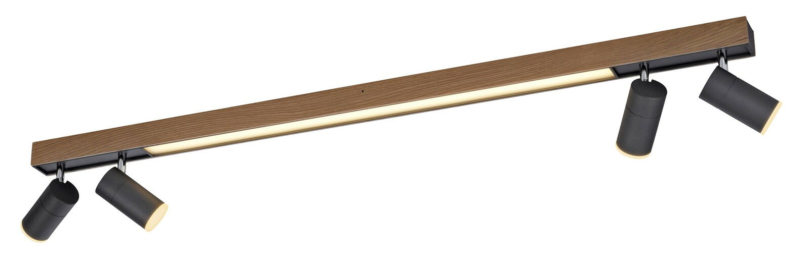 Moderne Deckenleuchte PURE-LINES mit Holzoptik und vier verstellbaren schwarzen Strahlern, seitliche Perspektive