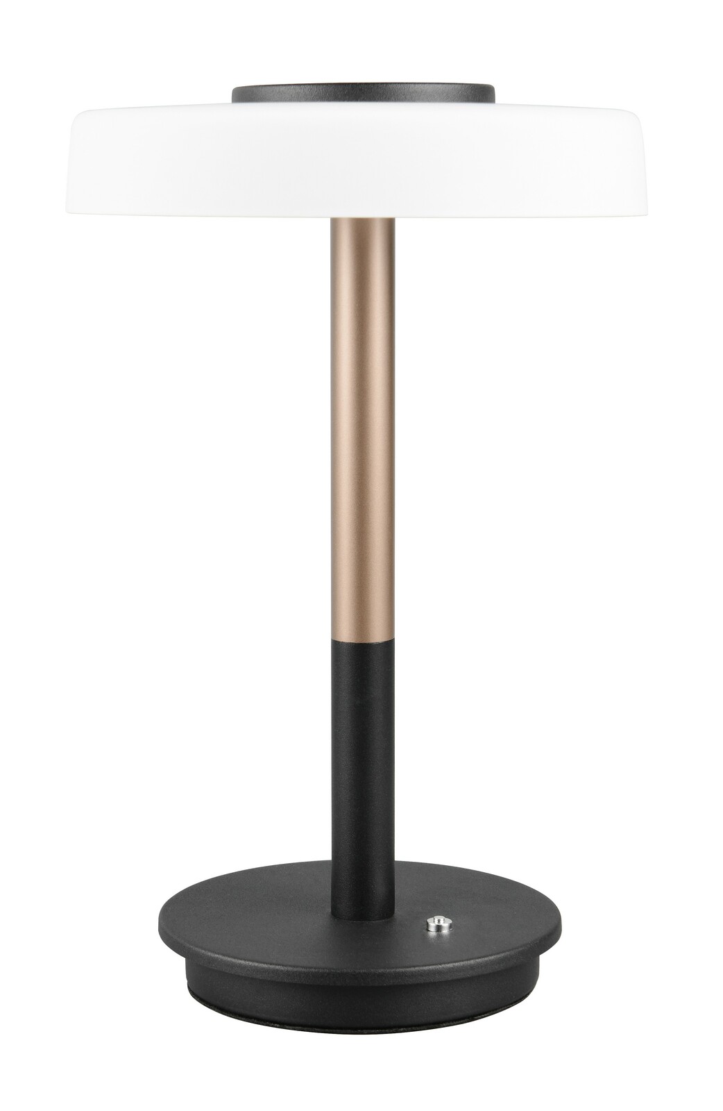 Moderne Tischleuchte mit weißem Schirm und schwarzem Sockel, seitliche Perspektive