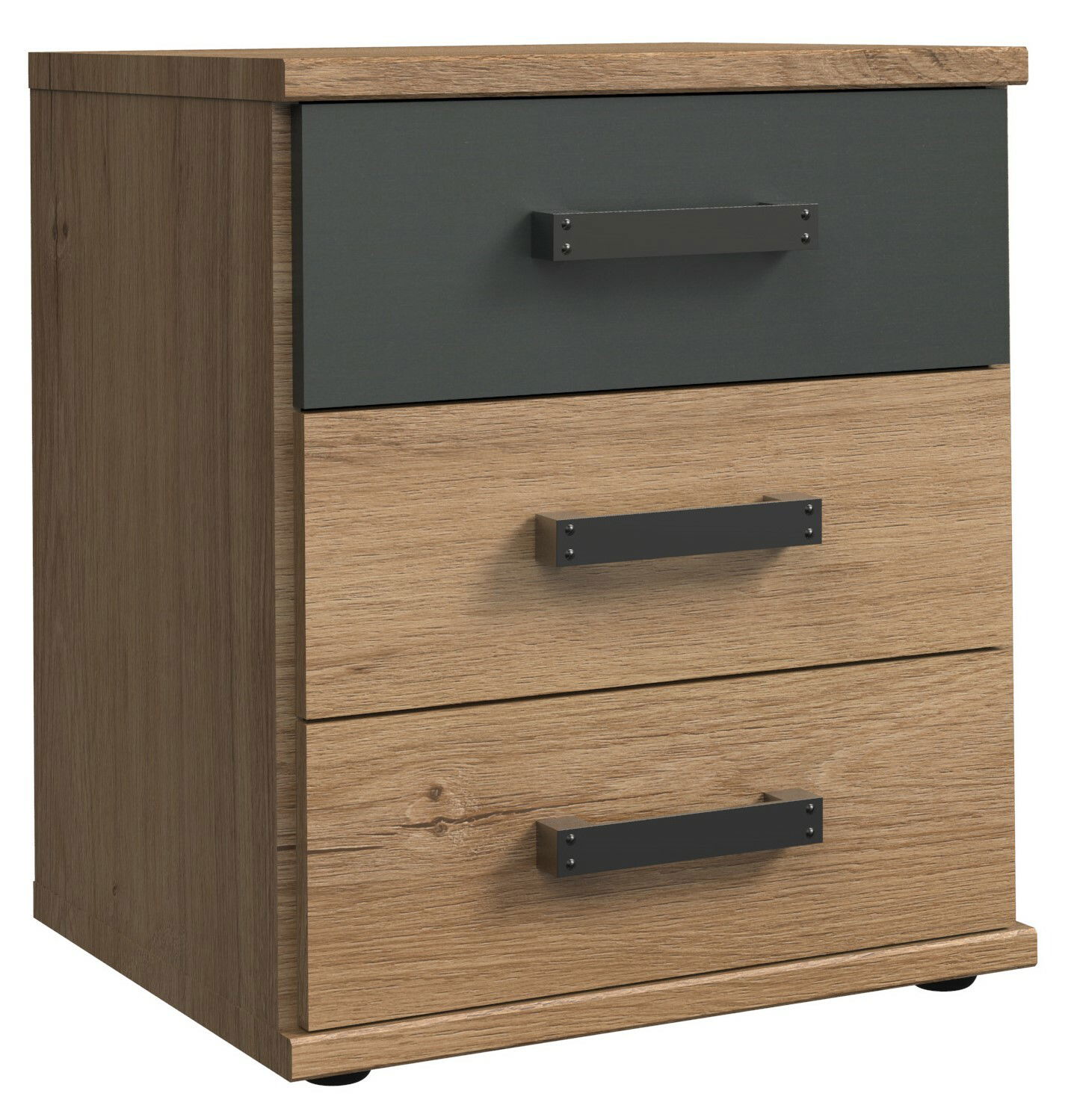 Nachtkommode mit drei Schubladen, obere Schublade in dunklem Grau, untere in Holzoptik, seitliche Perspektive