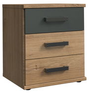 Nachtkommode mit drei Schubladen, obere Schublade in dunklem Grau, untere in Holzoptik, seitliche Perspektive