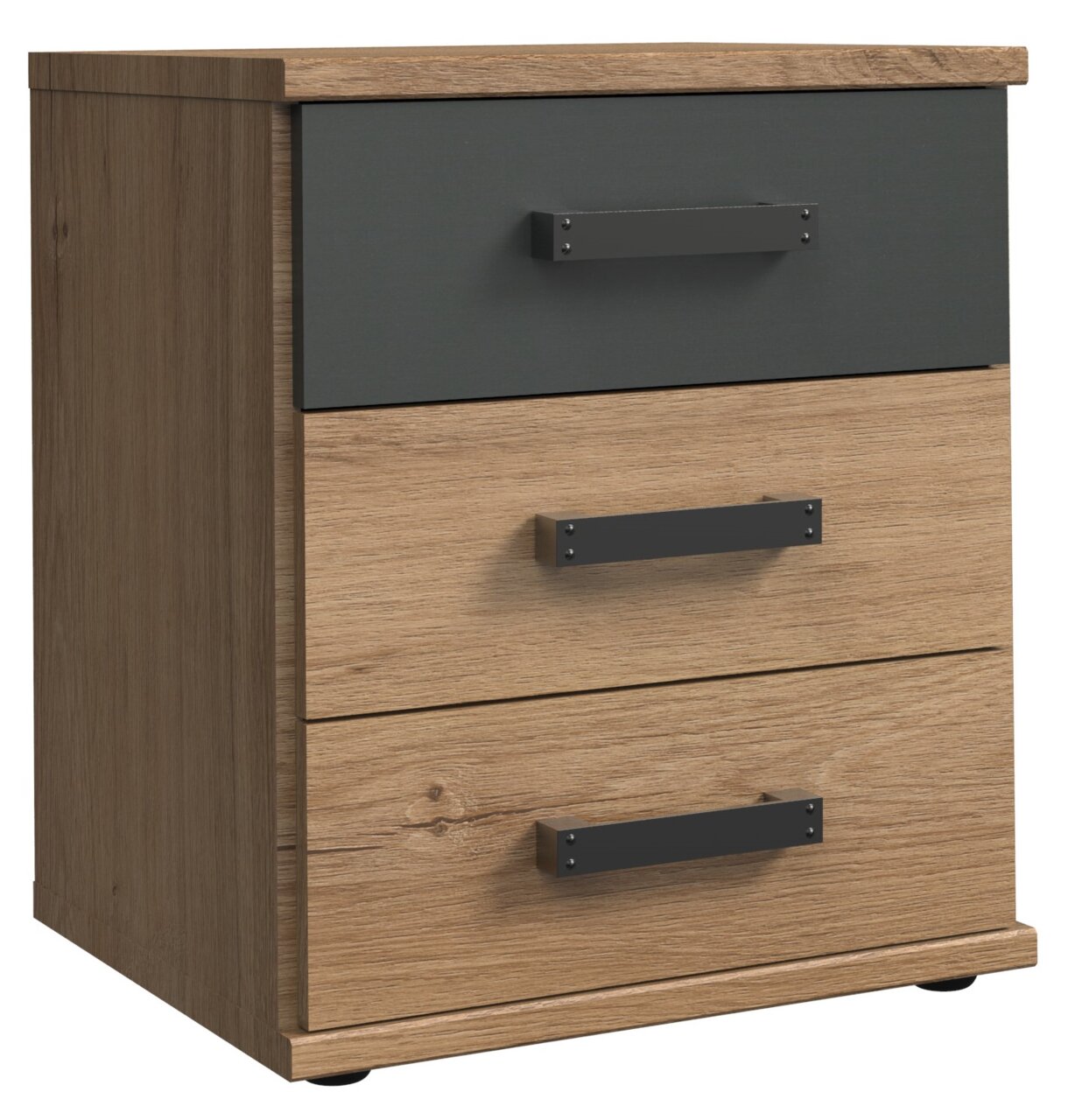 Nachtkommode mit drei Schubladen, obere Schublade in dunklem Grau, untere in Holzoptik, seitliche Perspektive