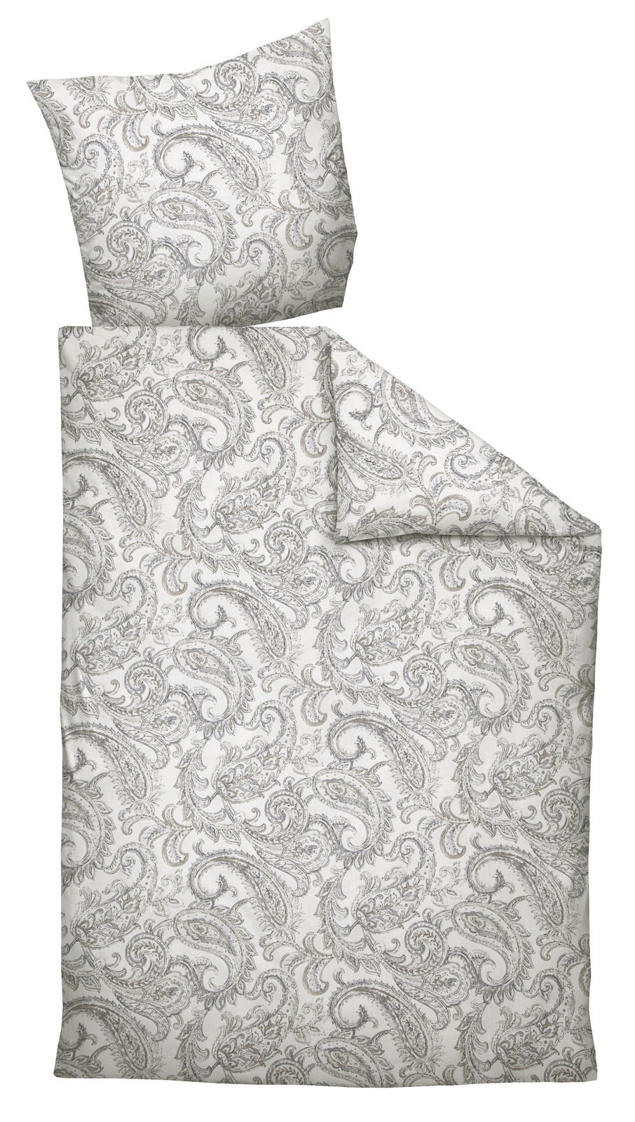 Bettwäsche-Set mit Paisley-Muster in Grau und Weiß, bestehend aus einem Kissenbezug und einem Bettdeckenbezug, aus der Vogelperspektive fotografiert.