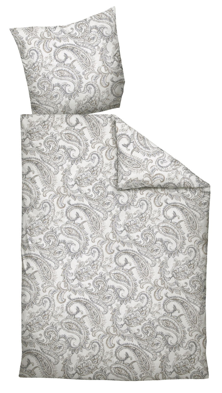 Bettwäsche-Set mit Paisley-Muster in Grau und Weiß, bestehend aus einem Kissenbezug und einem Bettdeckenbezug, aus der Vogelperspektive fotografiert.