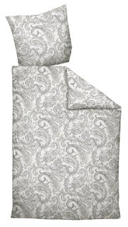 Bettwäsche-Set mit Paisley-Muster in Grau und Weiß, bestehend aus einem Kissenbezug und einem Bettdeckenbezug, aus der Vogelperspektive fotografiert.