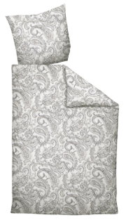 Bettwäsche-Set mit Paisley-Muster in Grau und Weiß, bestehend aus einem Kissenbezug und einem Bettdeckenbezug, aus der Vogelperspektive fotografiert.