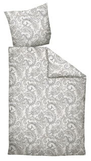 Bettwäsche-Set mit Paisley-Muster in Grau und Weiß, bestehend aus einem Kissenbezug und einem Bettdeckenbezug, aus der Vogelperspektive fotografiert.