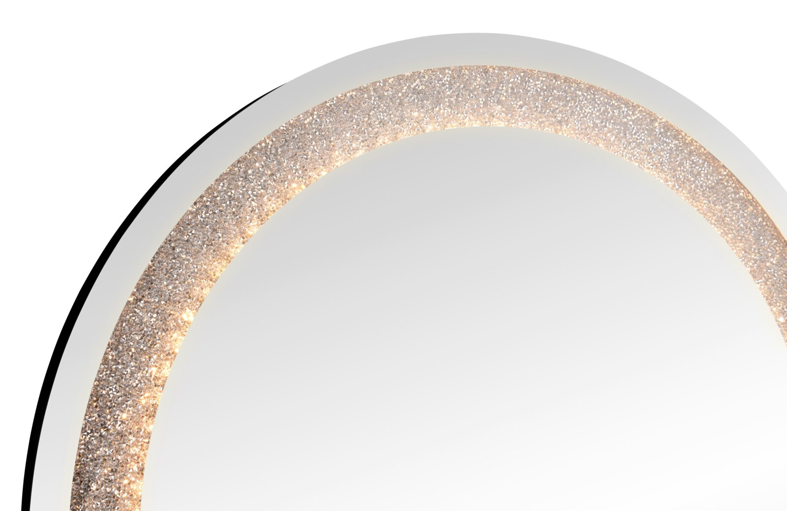 Nahaufnahme in leicht schräger Vorderansicht eines runden, weißen LED-Decken-/Wandleuchte mit glitzerndem Kristallring und warmweißem Licht auf weißem Hintergrund