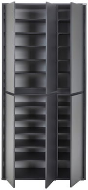 XXL-Schuh- und Mehrzweckschrank in grauer Farbe, frontal abgebildet mit offenen Türen und mehreren Regalböden.