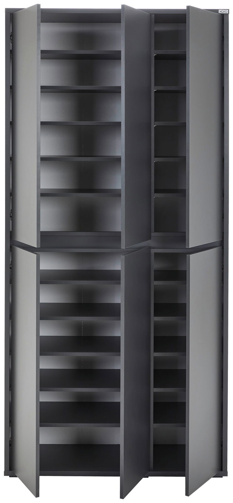 XXL-Schuh- und Mehrzweckschrank in grauer Farbe, frontal abgebildet mit offenen Türen und mehreren Regalböden.