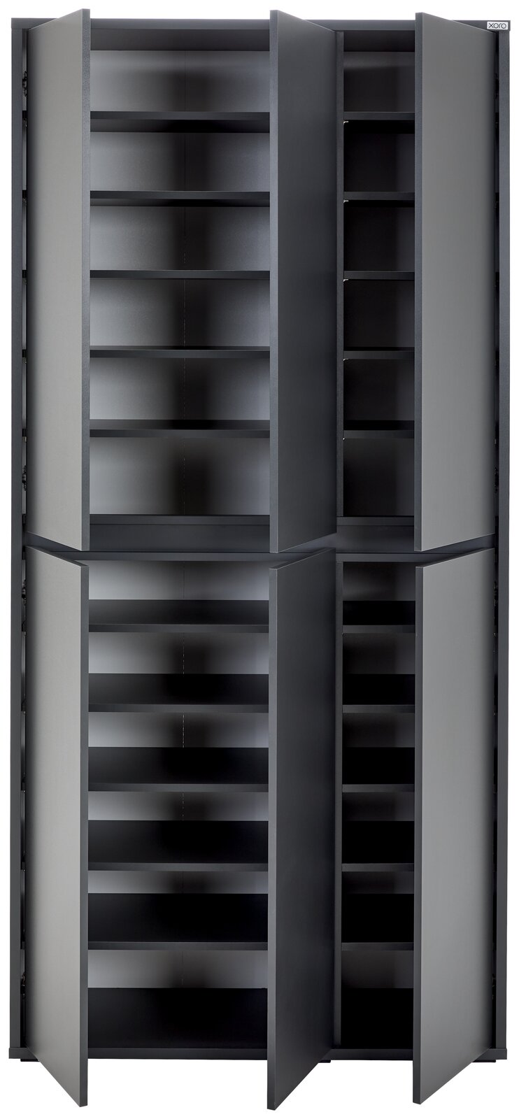 XXL-Schuh- und Mehrzweckschrank in grauer Farbe, frontal abgebildet mit offenen Türen und mehreren Regalböden.