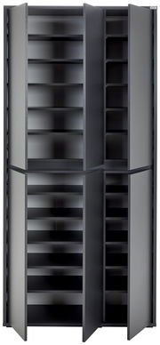 XXL-Schuh- und Mehrzweckschrank in grauer Farbe, frontal abgebildet mit offenen Türen und mehreren Regalböden.