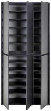 XXL-Schuh- und Mehrzweckschrank in grauer Farbe, frontal abgebildet mit offenen Türen und mehreren Regalböden.