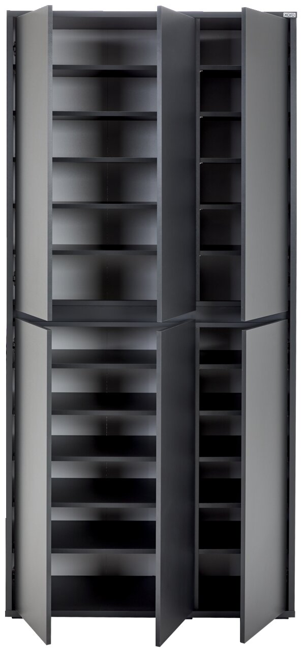 XXL-Schuh- und Mehrzweckschrank in grauer Farbe, frontal abgebildet mit offenen Türen und mehreren Regalböden.